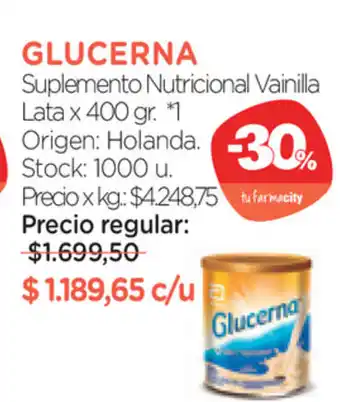 Farmacity Glucerna Suplemento Nutricional Vainilla Lata x 400gr oferta