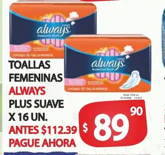 Always Toallas Femeninas Plus Suave x 16 Un.