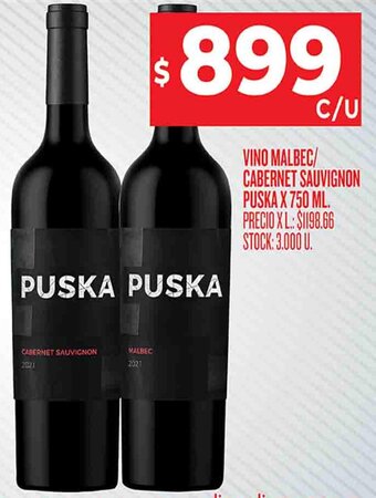 Supermercados DIA VINO MALBEC/ CABERNET SAUVIGNON PUSKA X 750 ML. oferta