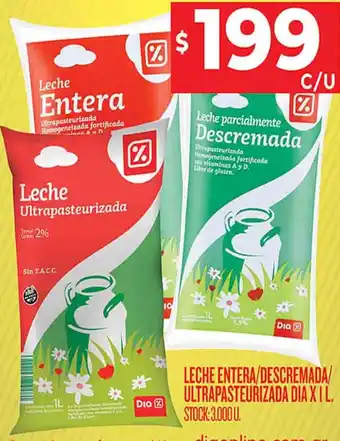 Supermercados DIA LECHE ENTERA/DESCREMADA/ ULTRAPASTEURIZADA DIAXIL. STOCK:3.000 U. oferta