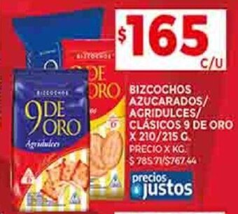 Supermercados DIA BIZCOCHOS AZUCARADOS/ AGRIDULCES/ CLÁSICOS 9 DE ORO X 210/215 G. oferta