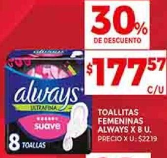 Supermercados DIA TOALLITAS FEMENINAS ALWAYS X 8 U. oferta