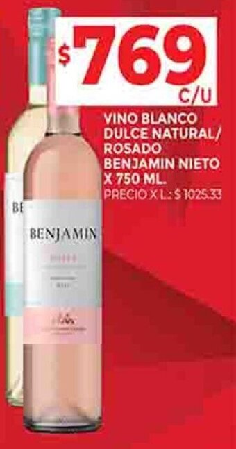 Supermercados DIA VINO BLANCO DULCE NATURAL/ ROSADO BENJAMIN NIETO X 750 ML. oferta