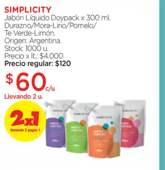 Farmacity Simplicity Jabón Líquido Doypack Durazno/Mora-lino/Pomelo/Te Verde-Limón x300ml oferta