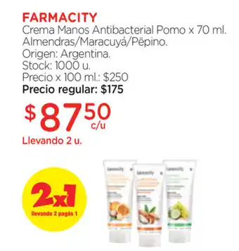 Farmacity Farmacity Crema Manos Antibacterial Pomo Almendras/Maracuyá/Pepino x70ml oferta