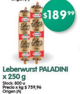 Supermercados Buenos Días Leberwurst PALADINI x 250g oferta