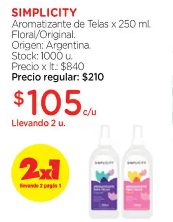Farmacity Simplicity Aromatizante de Telas Floral/Original x250ml oferta