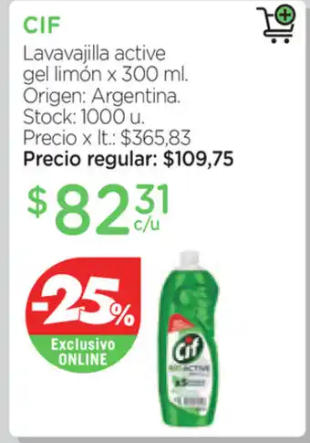 Farmacity CIF Lavavajilla active gel limón x 300ml oferta