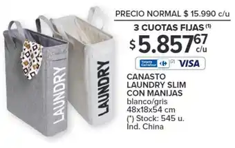 Carrefour CANASTO LAUNDRY SLIM CON MANIJAS blanco/gris 48x18x54 cm oferta
