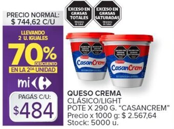 Carrefour QUESO CREMA CLÁSICO/LIGHT POTE X 290 G. "CASANCREM" oferta