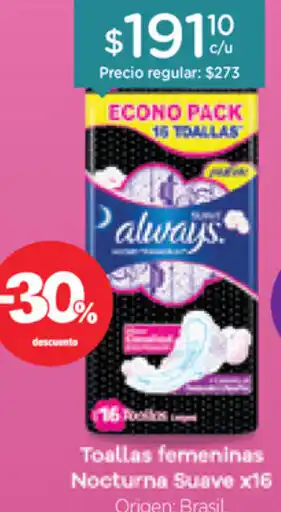 Farmacity Always Toallas femeninas Nocturna Suave x 16 oferta