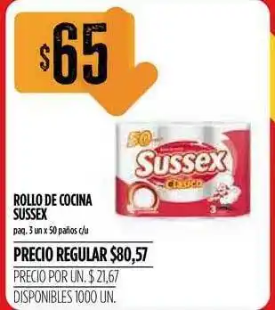 Supermercados Vea Sussex Rollo De Cocina paq. 3 un x 50 paños c/u oferta