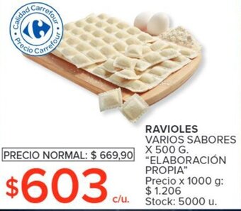 Carrefour RAVIOLES VARIOS SABORES X 500 G. "ELABORACIÓN PROPIA" oferta