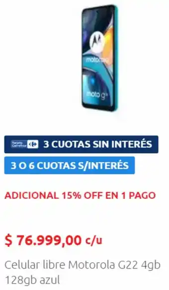 Carrefour Celular libre Motorola G22 4gb 128gb azul oferta