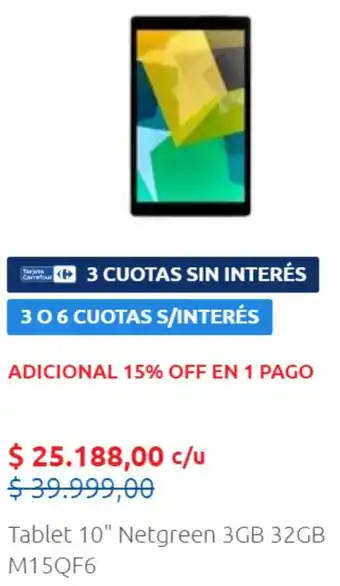 Carrefour Tablet 10" Netgreen 3GB 32GB M15QF6 oferta