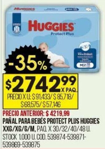 Coto PAÑAL PARA BEBÉS PROTECT PLUS HUGGIES XXG/XG/G/M, PAQ X 30/32/40/48 U. oferta