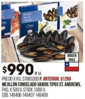 Coto MEJILLÓN CONGELADO VARIOS TIPOS ST. ANDREWS, PAQ X 500 G. oferta