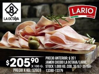 Coto JAMON COCIDO LA OCTAVA/LARIO 100G oferta