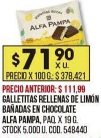 Coto GALLETITAS RELLENAS DE LIMÓN BAÑADAS EN CHOCOLATE ALFA PAMPA, PAQ. X 19 G. oferta