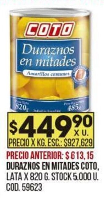 Coto DURAZNOS EN MITADES COTO, LATA X 820 G. oferta