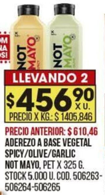 Coto ADEREZO A BASE VEGETAL SPICY/OLIVE/GARLIC NOT MAYO, PET X 325 G. oferta