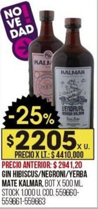 Coto GIN HIBISCUS/NEGRONI/YERBA MATE KALMAR, BOT X 500 ML. oferta