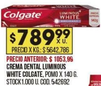 Coto CREMA DENTAL LUMINOUS WHITE COLGATE, POMO X 140 G. oferta
