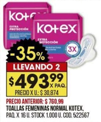 Coto TOALLAS FEMENINAS NORMAL KOTEX, PAQ. X 16 U. oferta