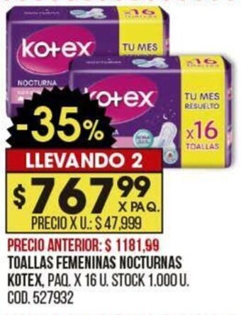 Coto TOALLAS FEMENINAS NOCTURNAS KOTEX, PAQ. X 16 U. oferta