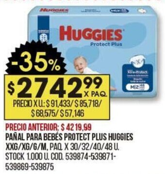 Coto PAÑAL PARA BEBÉS PROTECT PLUS HUGGIES XXG/XG/G/M, PAQ X 30/32/40/48 U. oferta