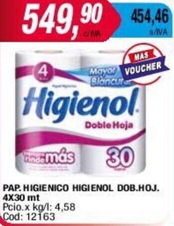 Maxiconsumo PAP. HIGIENICO HIGIENOL DOB.HOJ. 4X30 mt oferta