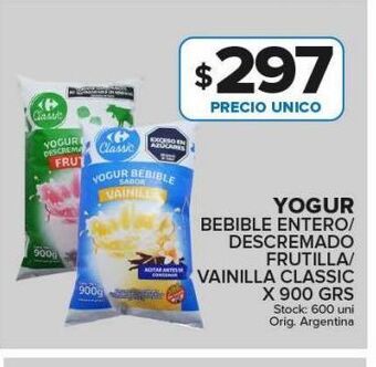 Yogur bebible entero/descremado frutilla/ vainilla classic x 900g