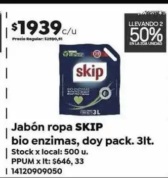 Jumbo Jabón ropa skip bio enzimas, doy pack 3lt oferta