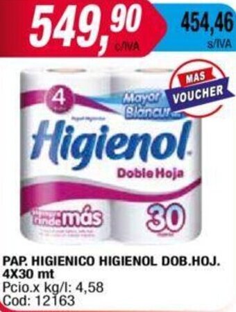 Maxiconsumo PAP. HIGIENICO HIGIENOL DOB.HOJ. 4X30 mt oferta