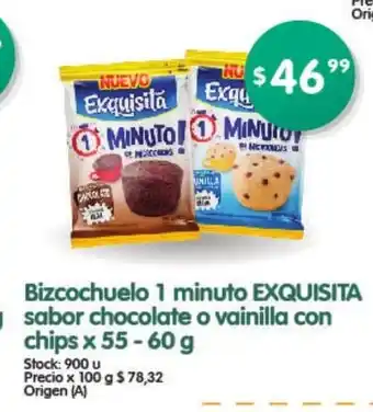 Supermercados Buenos Días Exquisita Bizcochuelo 1 minuto sabor chocolate o vainilla con chips x 55-60g oferta