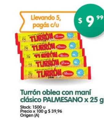 Supermercados Buenos Días Palmesano Turrón oblea con mani clásico x 25g oferta