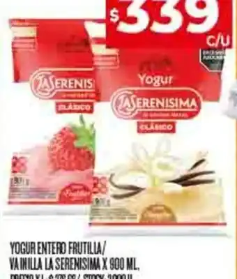 YOGUR ENTERO FRUTILLA/ VAINILLA LA SERENISIMA X 900 ML,