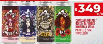 Supermercados DIA CERVEZA BLONDE ALE/ HONEY/IPA/AMBER RAMBLERS X 473 ML. oferta
