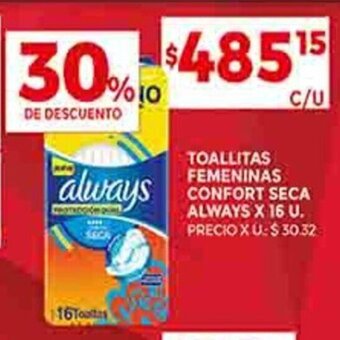Supermercados DIA TOALLITAS FEMENINAS CONFORT SECA ALWAYS X 16 U. oferta