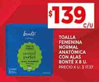 Supermercados DIA TOALLA FEMENINA NORMAL ANATÓMICA CON ALAS BONTÉ X 8 U. oferta
