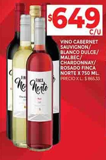 Supermercados DIA VINO CABERNET SAUVIGNON/ BLANCO DULCE/ MALBEC/ CHARDONNAY/ ROSADO FINCA NORTE X 750 ML. oferta