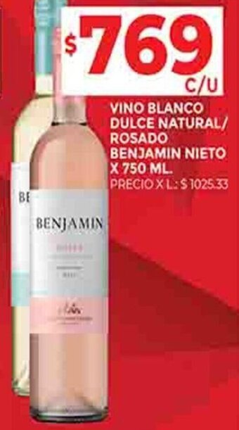Supermercados DIA VINO BLANCO DULCE NATURAL/ ROSADO BENJAMIN NIETO X 750 ML. oferta
