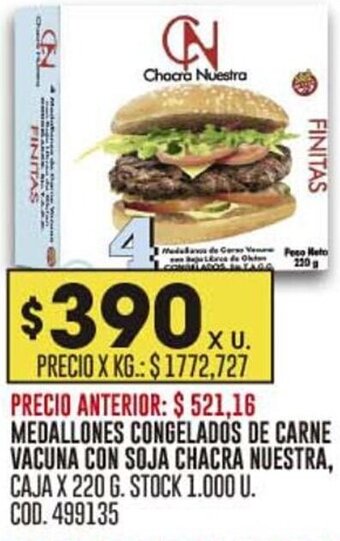 Coto MEDALLONES CONGELADOS DE CARNE VACUNA CON SOJA CHACRA NUESTRA, CAJA X 220 G. oferta