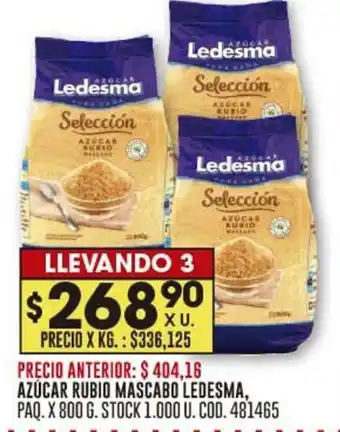 Coto AZÚCAR RUBIO MASCABO LEDESMA, PAQ. X 800 G. oferta