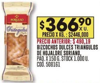 Coto BIZCOCHOS DULCES TRIANGULOS DE HOJALDRE SORIANO, PAQ. X 150 G. oferta