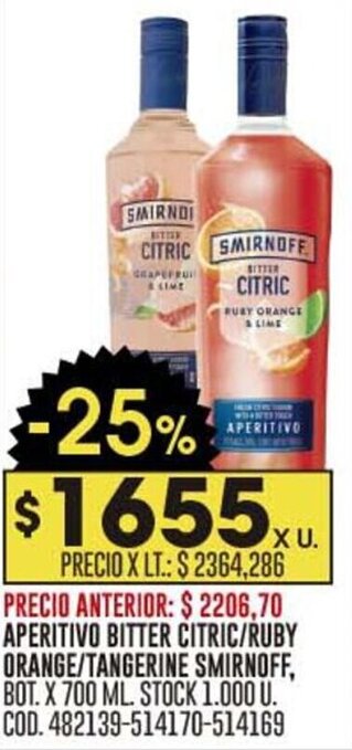 Coto APERITIVO BITTER CITRIC/RUBY ORANGE/TANGERINE SMIRNOFF, BOT. X 700 ML. oferta