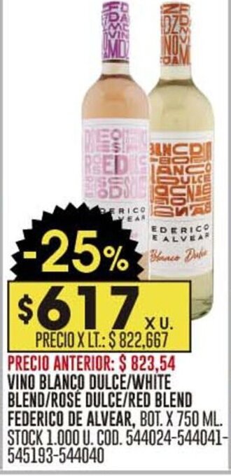 Coto VINO BLANCO DULCE/WHITE BLEND/ROSE DULCE/RED BLEND FEDERICO DE ALVEAR, BOT. X 750 ML. oferta