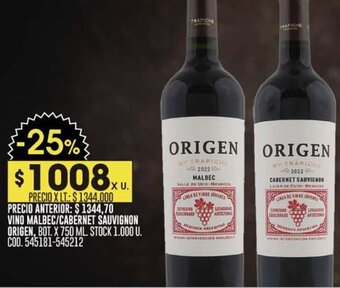Coto VINO MALBEC/CABERNET SAUVIGNON ORIGEN, BOT. X 750 ML. oferta