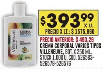 Coto CREMA CORPORAL VARIOS TIPOS VILLENEUVE, BOT. X 250 ML. oferta