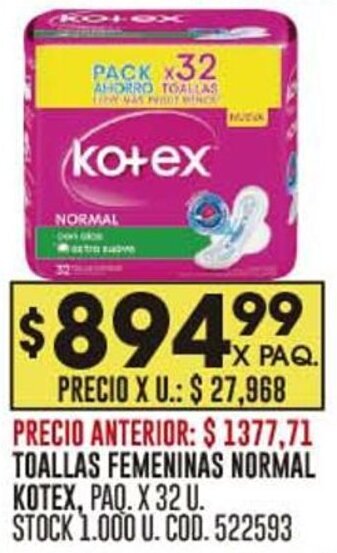 Coto TOALLAS FEMENINAS NORMAL KOTEX, PAQ. X 32 U. oferta